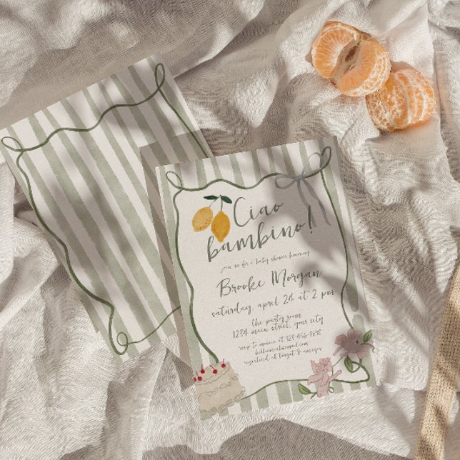 Lemon Ciao Bambino Italian Gender Neutral Invitation (Italian Lemon Gender Neutral Baby Shower Invite)