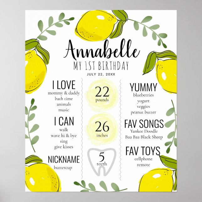 Lemon Citrus 1st Birthday Milestone Pink Poster (Front)