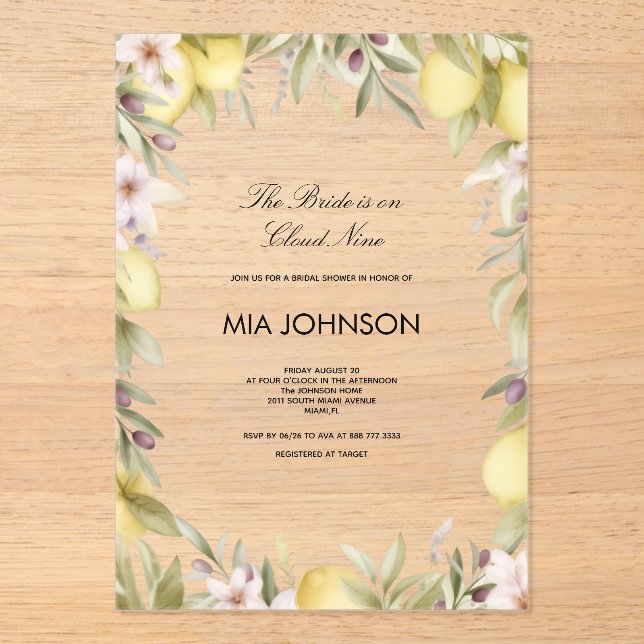 Lemon citrus acrylic  bridal shower invitation (Front)
