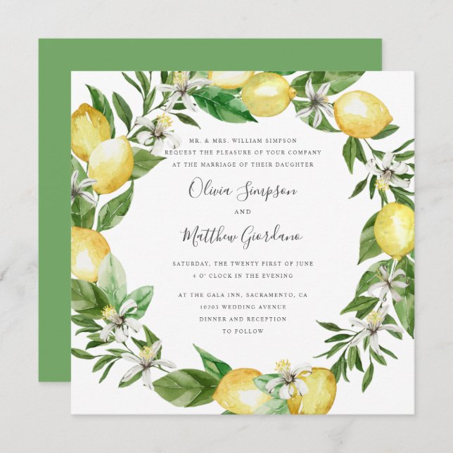 Lemon Citrus  and leaves formal wedding Invitation (Front/Back)