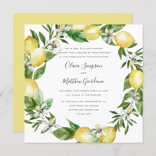 Lemon Citrus  and leaves formal wedding Invitation