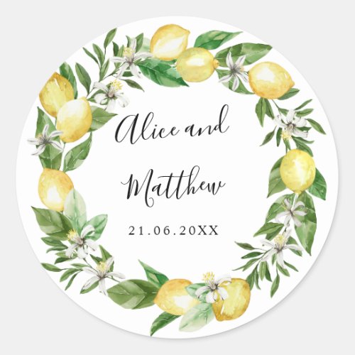 Lemon Citrus and leaves wedding monogram Classic Round Sticker