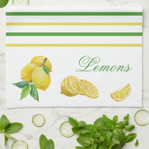 Lemon Citrus and Yellow and Green Stripes Kitchen Towel