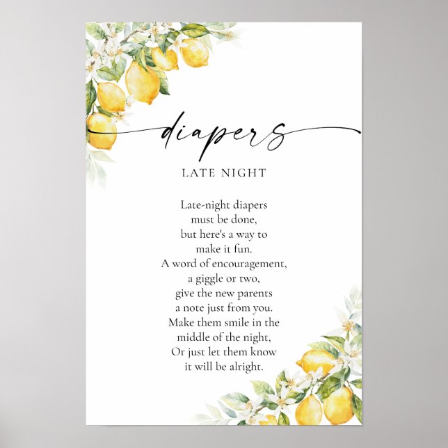 Lemon Citrus Baby Shower Diapers Late Night Poster (Front)