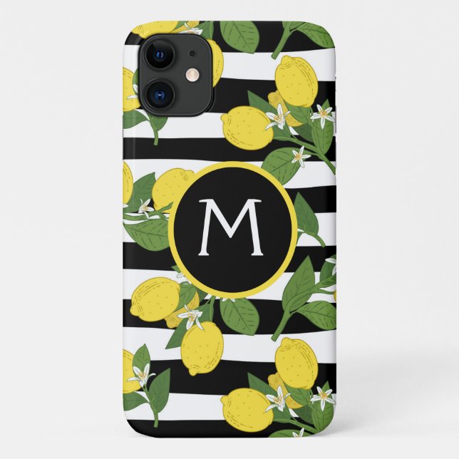Lemon Citrus Black Stripes Yellow iPhone Case (Back)