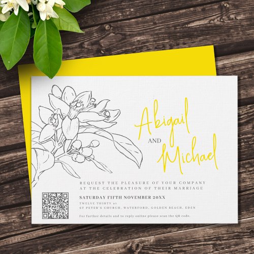 Lemon citrus blossom pencil sketch yellow wedding invitation