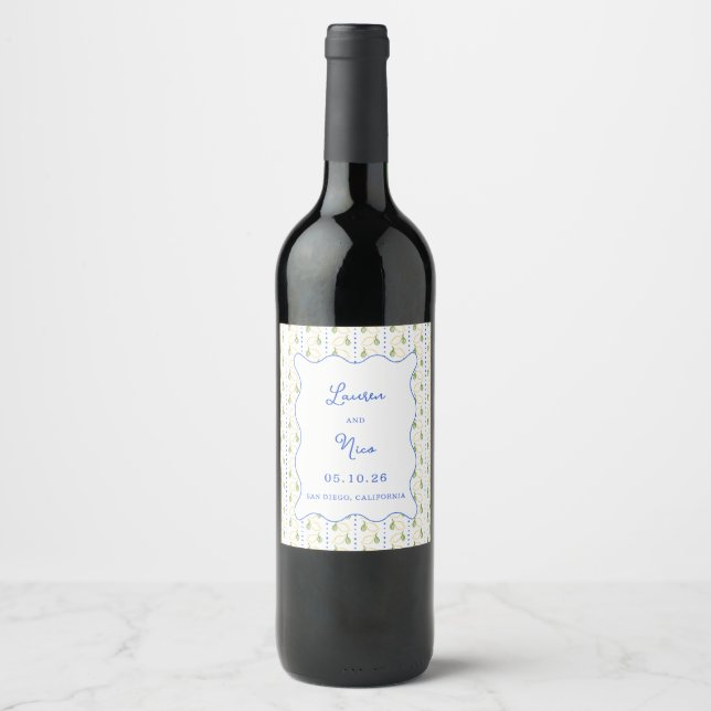 Lemon Citrus Blue and Yellow Mediterranean Wedding Wine Label (Front)