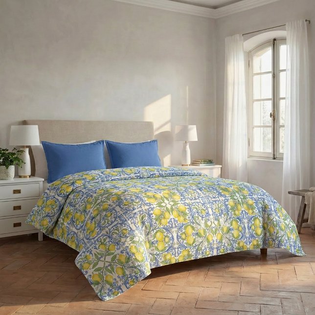 Lemon Citrus Blue Azulejo Mediterranean Pattern Duvet Cover (Lemon Citrus Blue Azulejo Mediterranean Pattern Duvet Cover)