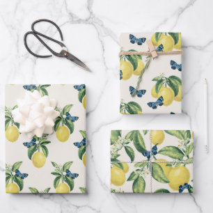 Lemon Citrus Blue Butterflies Wrapping Paper Sheets