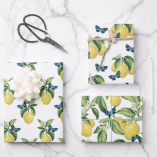 Lemon Citrus Blue Butterflies Wrapping Paper Sheets