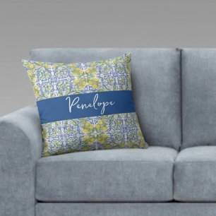 Lemon Citrus Blue Mediterranean Italian Pattern Throw Pillow