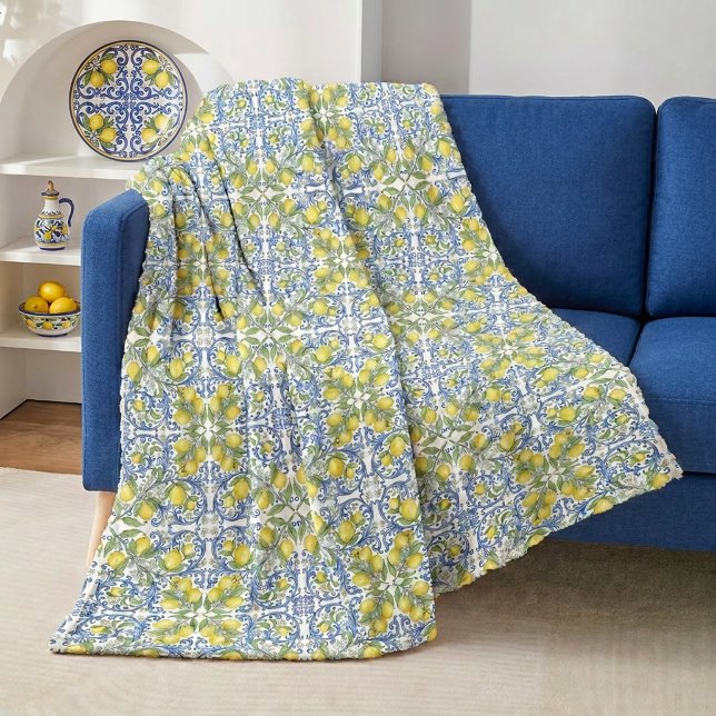 Lemon Citrus Blue Mediterranean Tile Pattern Fleece Blanket (Lemon Citrus Blue Mediterranean Tile Pattern Fleece Blanket )