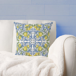 Lemon Citrus Blue Scroll Italian Tile Pattern Throw Pillow