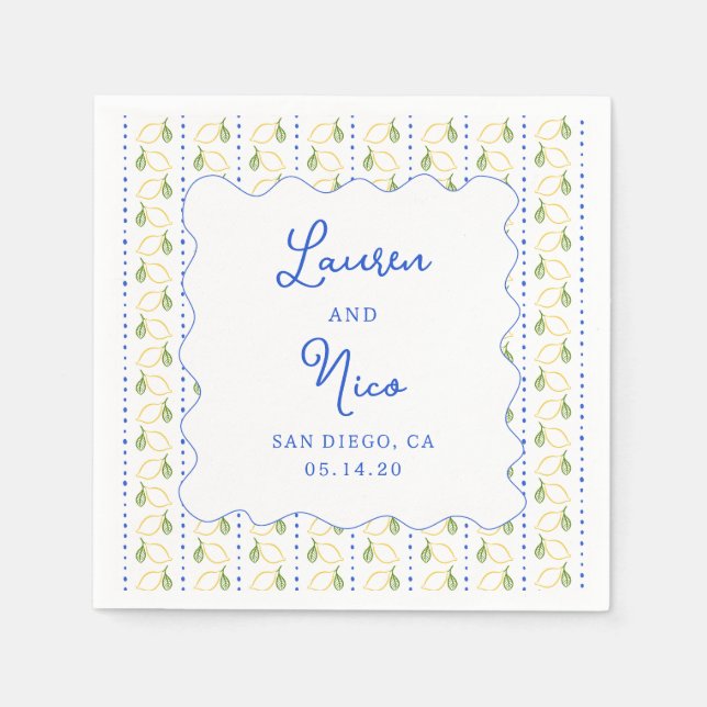 Lemon Citrus Blue & Yellow Amalfi Custom Wedding  Napkins (Front)