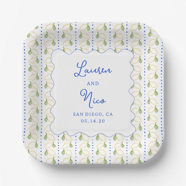 Lemon Citrus Blue & Yellow Amalfi Custom Wedding  Paper Plates (Front)
