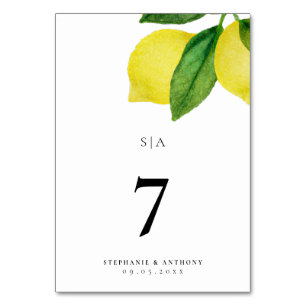Lemon Citrus Branch Greenery Wedding Table Number