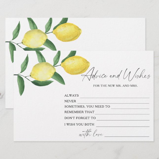 Lemon Citrus - Bridal Shower Advice and Wishes Stationery (Front/Back)