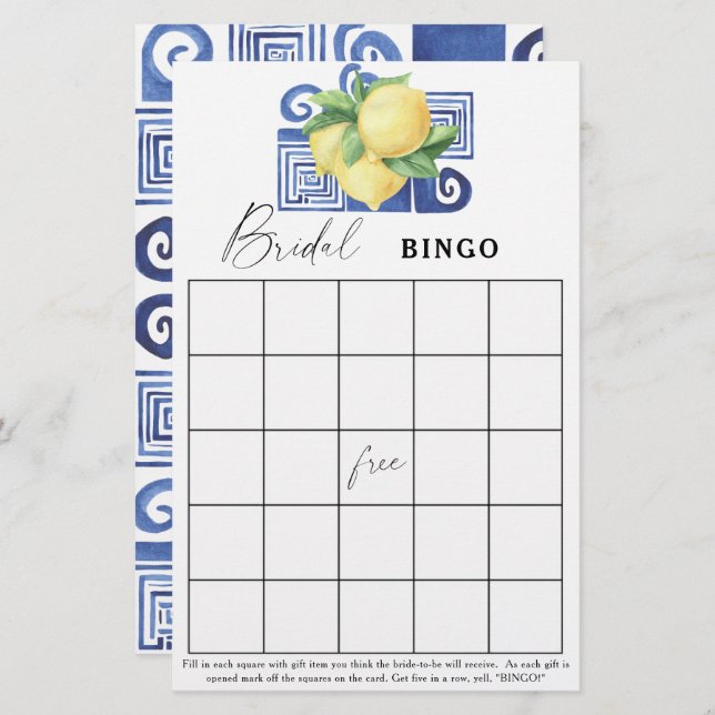Lemon Citrus - Bridal shower bingo game (Front/Back)