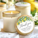 Lemon Citrus Bridal Shower Classic Round Sticker<br><div class="desc">Express your gratitude with our charming Lemon Citrus Bridal Shower Classic Round Sticker, featuring elegant calligraphy and watercolor lemons in vibrant yellow, blue, and green. Perfect for a boho garden bridal shower, this sticker adds a refreshing touch to your favors, making it a delightful way to thank your guests at...</div>
