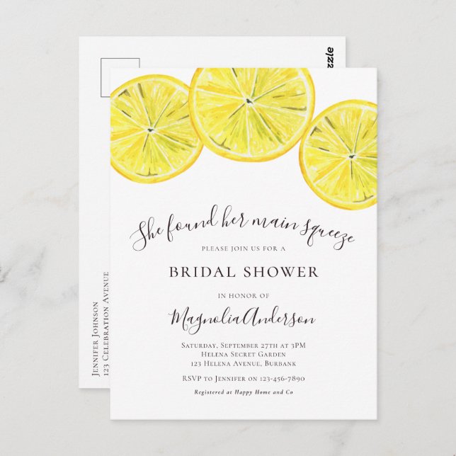 Lemon Citrus Bridal Shower Invitation Postcard (Front/Back)