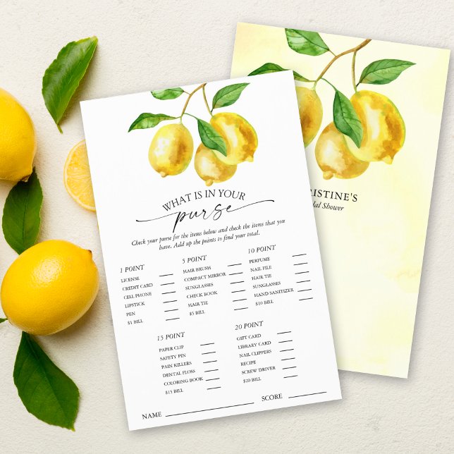 Lemon Citrus Bridal Shower Purse Game (This "What is in you purse" bridal shower game is both entertaining and stylish with citrus lemons.)
