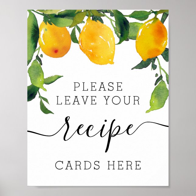 Lemon Citrus Bridal Shower Recipe Cards Sign (Front)