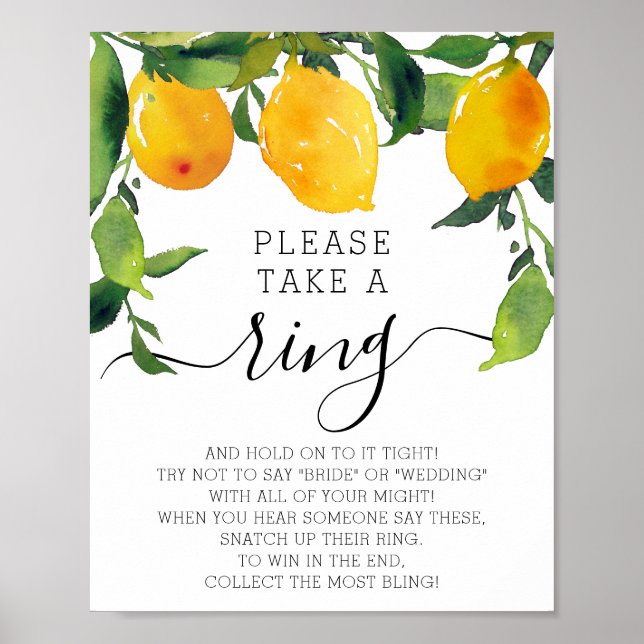Lemon Citrus Bridal Shower Ring Game Poster (Front)