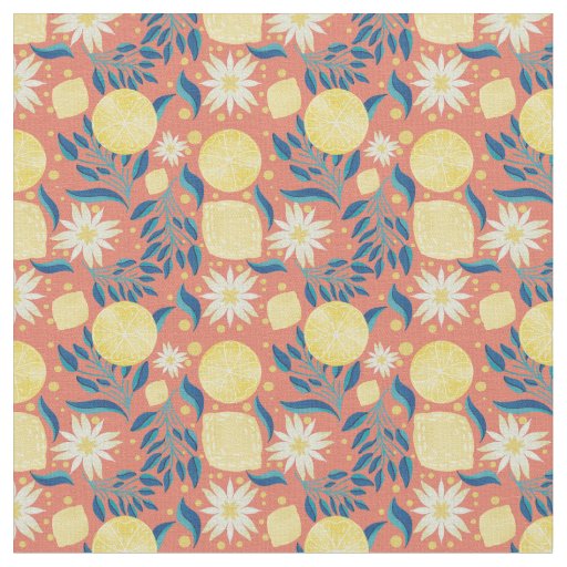 Lemon Citrus Coral Orange Floral  Fabric