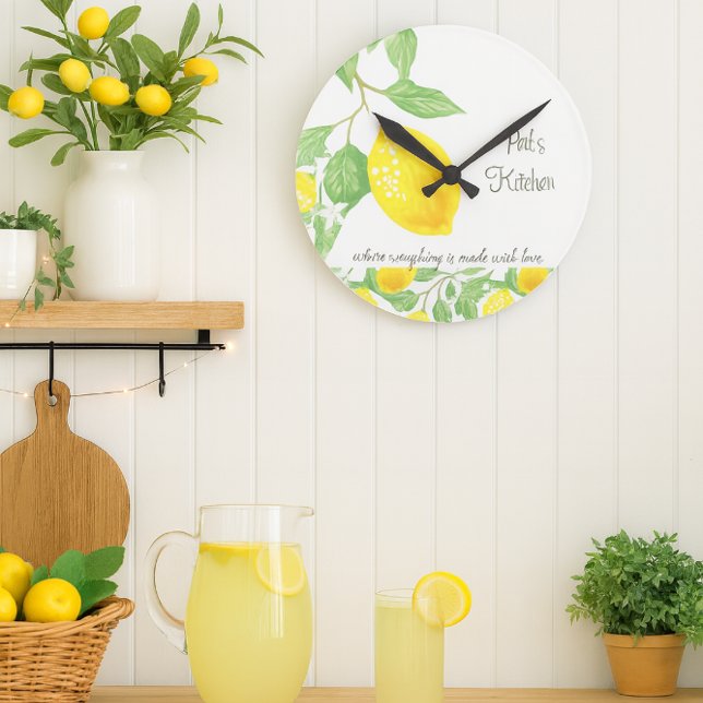 Lemon Citrus Custom Kitchen Wall Clock (Personalize this cheerful lemon citrus wall clock with a name. It makes an excellent gift )