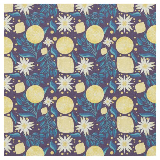 Lemon Citrus Dark Purple Floral  Fabric