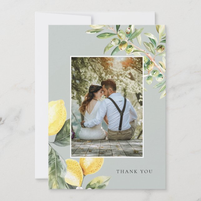 Lemon Citrus Elegant Wedding Photo Thank You Card (Front)