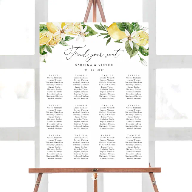 Lemon Citrus Floral 12 Table Wedding Seating Chart | Zazzle