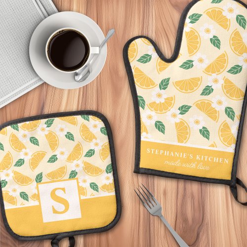 Lemon Citrus Floral Cute Summer Monogrammed Oven Mitt &Amp;Amp; Pot Holder Set