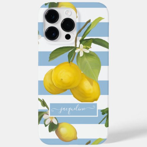 Lemon Citrus Floral Dusty Blue White Striped Leaf Case_Mate iPhone 14 Pro Max Case
