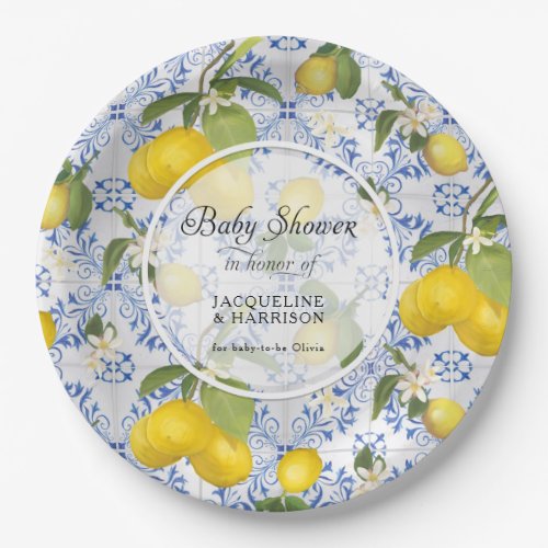 Lemon Citrus Floral Foliage Blue White Baby Shower Paper Plates
