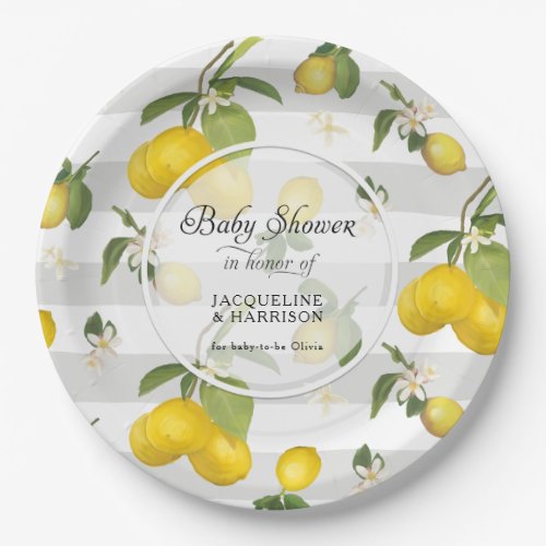 Lemon Citrus Floral Foliage White n Gray Stripe Paper Plates