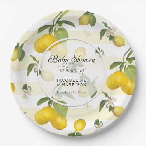 Lemon Citrus Floral Foliage Yellow n White Stripe Paper Plates