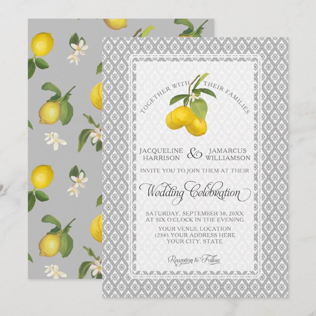 Lemon Citrus Floral Gray Yellow White Wedding Invitation (Front/Back)