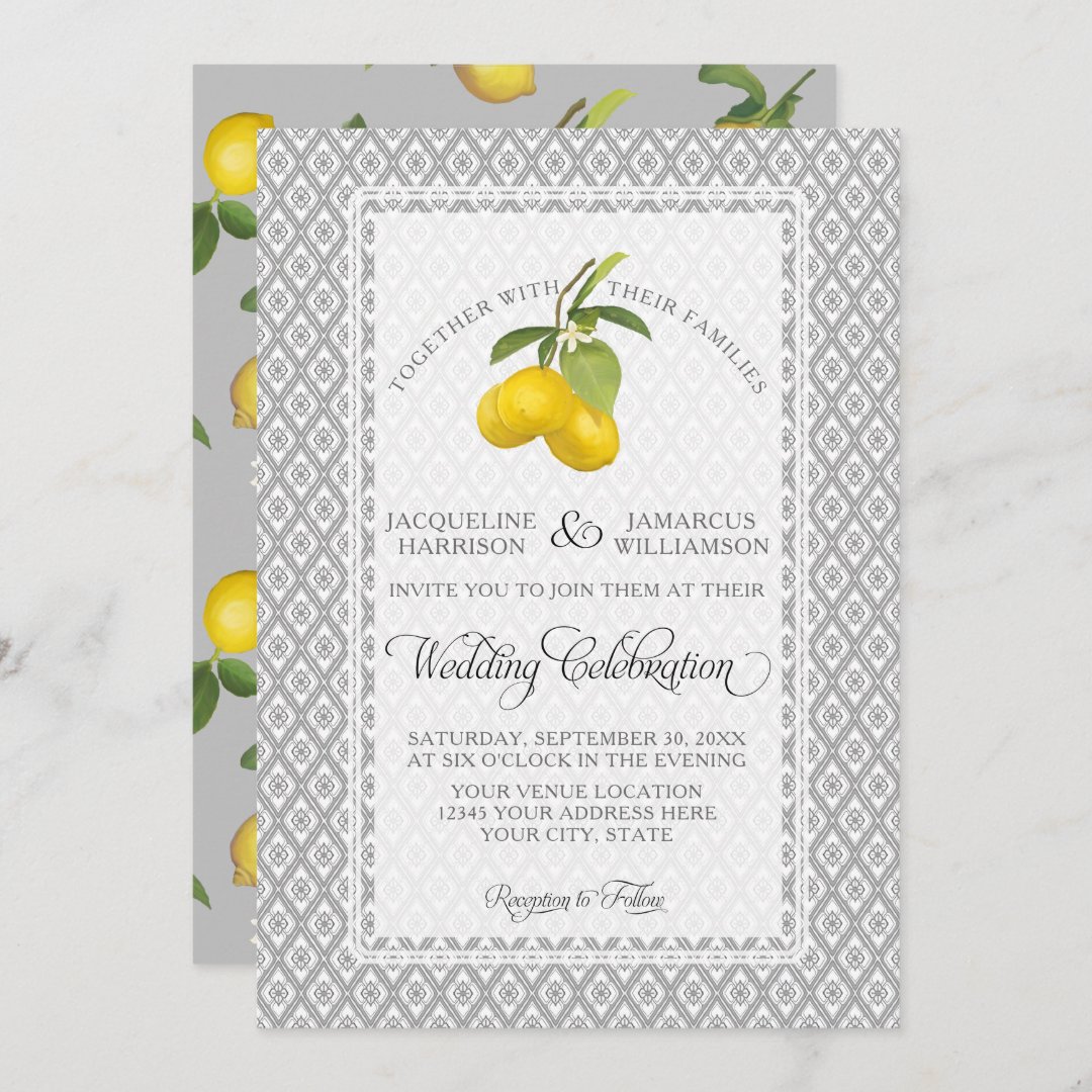 Lemon Citrus Floral Gray Yellow White Wedding Invitation | Zazzle