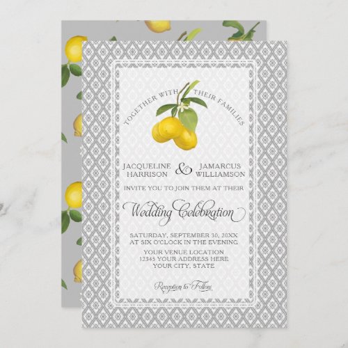 Lemon Citrus Floral Gray Yellow White Wedding Invitation