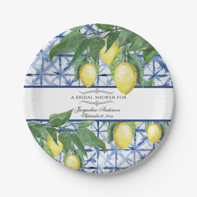 Lemon Citrus Floral Greenery Blue White Bridal Paper Plates (Front)
