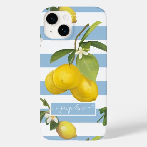Lemon Citrus Floral  Greenery Blue White Striped Case_Mate iPhone 14 Case