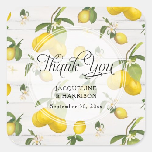 Lemon Citrus Floral Greenery Gray Rustic Thank You Square Sticker