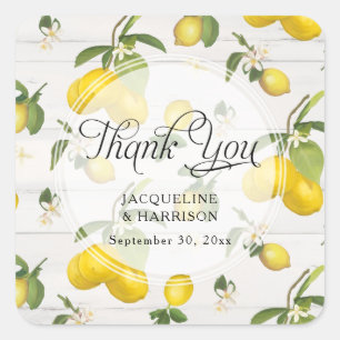 Lemon Citrus Floral Greenery Gray Rustic Thank You Square Sticker