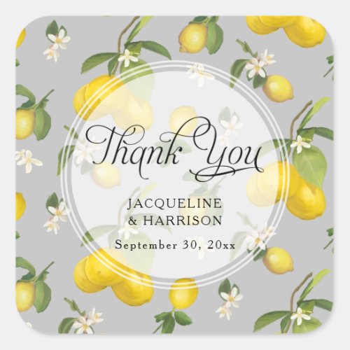 Lemon Citrus Floral Greenery Grey Yellow Thank You Square Sticker