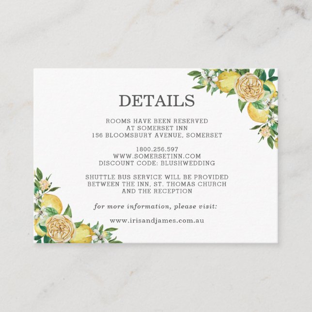 Lemon Citrus Floral Greenery Wedding Details Enclosure Card (Front)