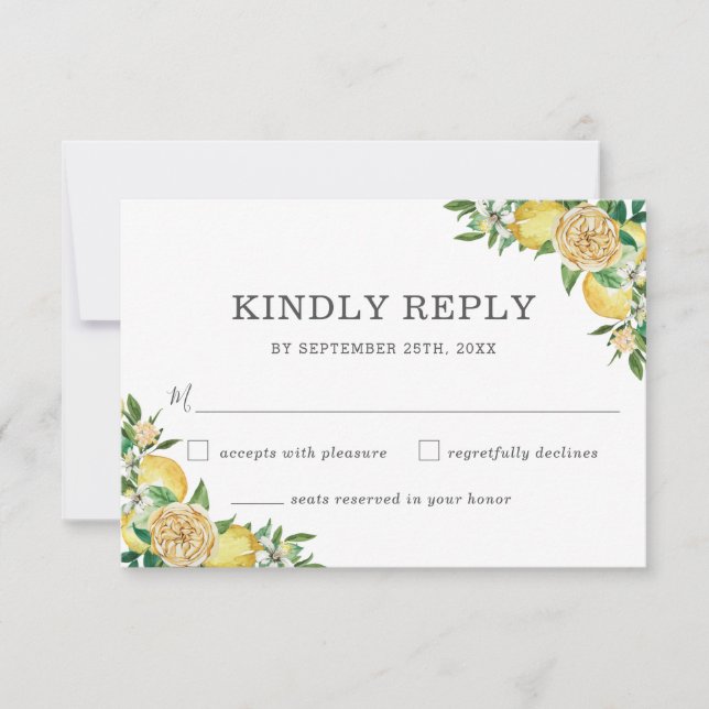 Lemon Citrus Floral Greenery Wedding RSVP Card (Front)
