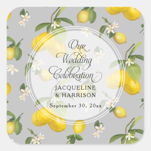 Lemon Citrus Floral Greenery Yellow n Gray Wedding Square Sticker