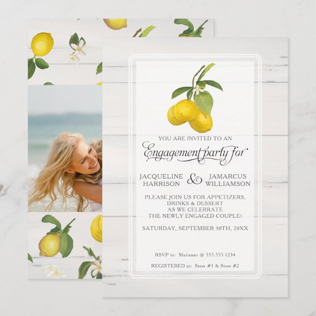Lemon Citrus Floral Grey Yellow Foliage Engagement Invitation (Front/Back)