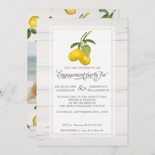 Lemon Citrus Floral Grey Yellow Foliage Engagement Invitation